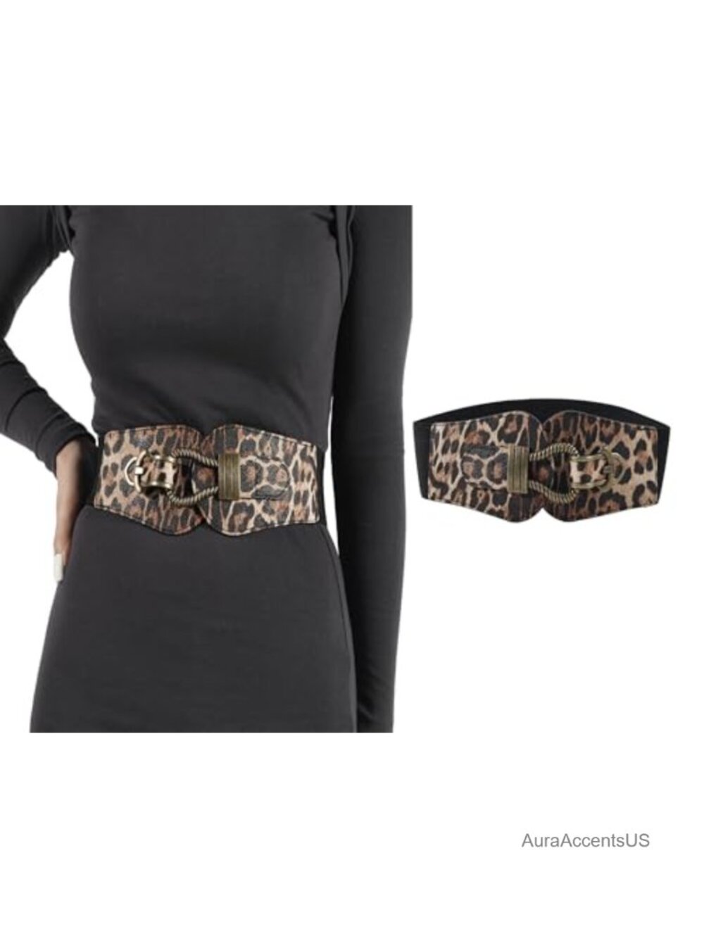 Wide Cinch Belt Faux Leather Leopard Print Waistband for Dress